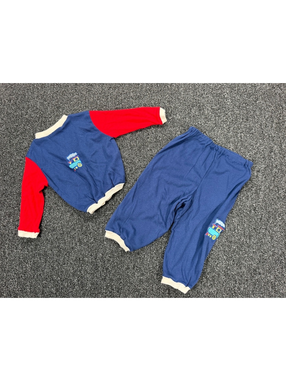 Vintage 90s toddler boys 18-24 months blue and red train jumpsuit jogger sweater